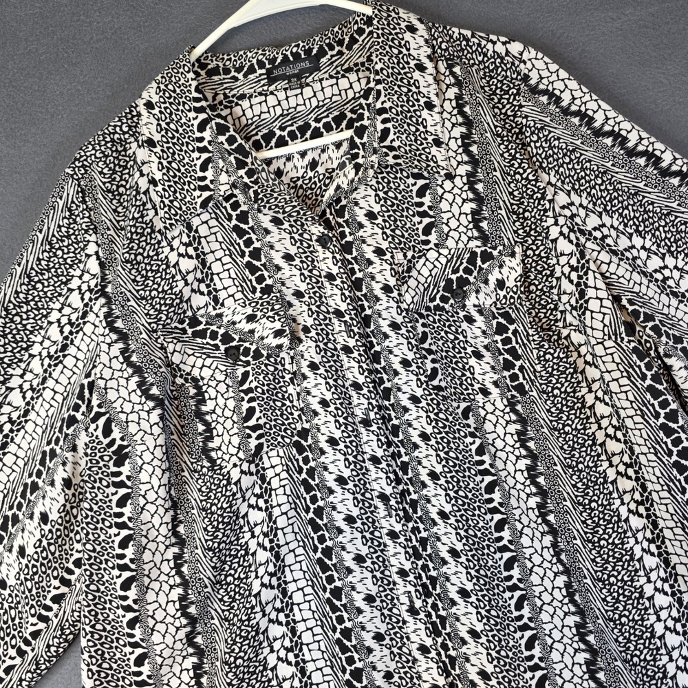 Notations Button Up Shirt Woman 2X Black White Jungle Animal Print 3/4 Sleeve